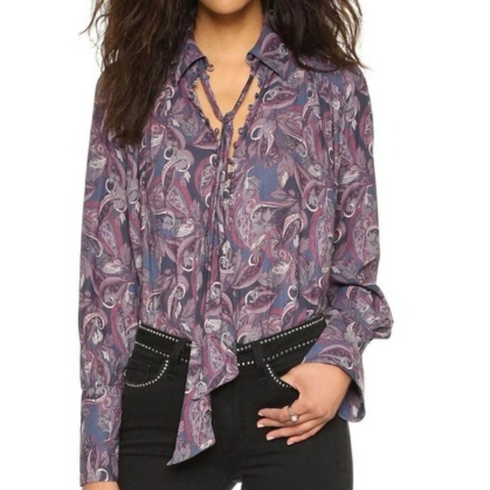 Boho Free People Modern Muse Paisley Tie-Neck Blouse
